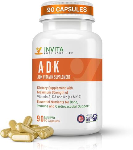 ADK - مكمل فيتامينات A1 ​​وفيتامين D3 5000 وحدة دولية وK2 MK7 - تركيبة طبية لدعم العظام والجهاز المناعي - خالية من الغلوتين، غير معدلة وراثيًا - 90 كبسولة نباتية للرجال والنساء in Saudi Arabia
