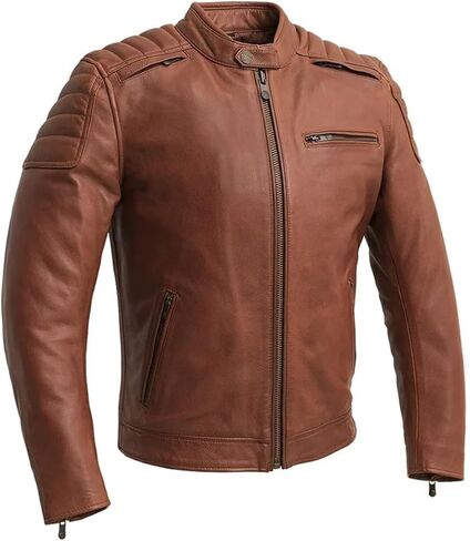 First Mfg Co - Crusader - Men's Motorcycle Biker Riding Brown Beige Leather Jacket Action Back Armor Pockets Vented in Saudi Arabia