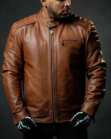First Mfg Co - Crusader - Men's Motorcycle Biker Riding Brown Beige Leather Jacket Action Back Armor Pockets Vented in Saudi Arabia