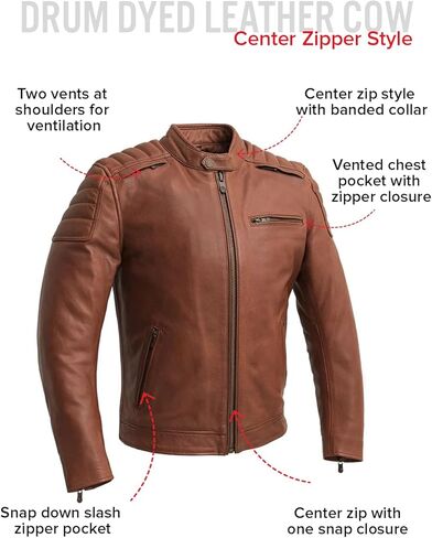 First Mfg Co - Crusader - Men's Motorcycle Biker Riding Brown Beige Leather Jacket Action Back Armor Pockets Vented in Saudi Arabia