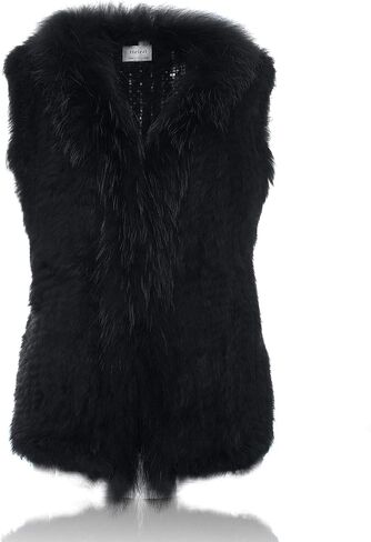 HEIZZI Genuine Rabbit Fur Vest for Women, Ladies Fur Vest with Raccoon Fur Collar, Womens Fur Vest, Soft, Fur Coat in Saudi Arabia
