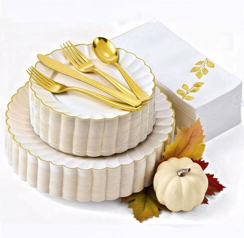 By Madee HEAVYWEIGHT 175 PCS Ivory Scalloped Plastic Plates with Gold Trim | High End Disposable Plates, Cutlery & Metallic Stamped Napkins | Elegant Disposable Dinnerware Set (25 Guests) in Saudi Arabia