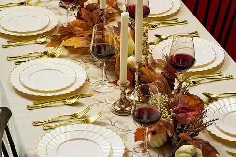 By Madee HEAVYWEIGHT 175 PCS Ivory Scalloped Plastic Plates with Gold Trim | High End Disposable Plates, Cutlery & Metallic Stamped Napkins | Elegant Disposable Dinnerware Set (25 Guests) in Saudi Arabia