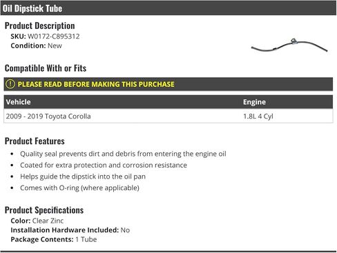 Oil Dipstick Tube - Compatible with 2009-2019 Toyota Corolla 1.8L 4-Cylinder in Saudi Arabia