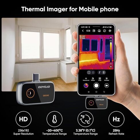 كاميرا GOYOJO الحرارية 25 هرتز لنظام Android، دقة عالية 256x192 IR، كاميرا تصوير حراري، هاتف محمول من النوع C تصوير حراري بالأشعة تحت الحمراء 8-14μm للإصلاح الكهربائي -20 درجة مئوية ~ 550 درجة مئوية in Kuwait