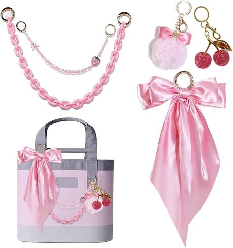 5PCS Tote Bag Decoration Kit Compatible with YETI Camino 20/35/50 Carryall Bogg Beach Tote Bags Carryall Bow & Pom Pom,Gold Chain Charms Accessories Cherry Charms for Women in Saudi Arabia