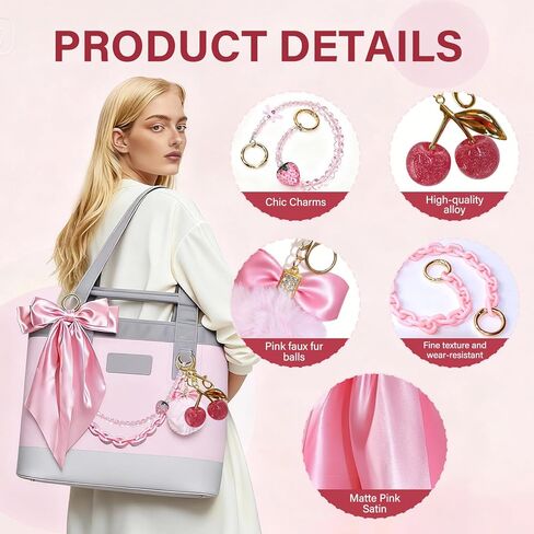 5PCS Tote Bag Decoration Kit Compatible with YETI Camino 20/35/50 Carryall Bogg Beach Tote Bags Carryall Bow & Pom Pom,Gold Chain Charms Accessories Cherry Charms for Women in Saudi Arabia