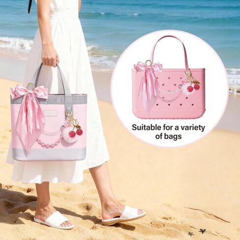 5PCS Tote Bag Decoration Kit Compatible with YETI Camino 20/35/50 Carryall Bogg Beach Tote Bags Carryall Bow & Pom Pom,Gold Chain Charms Accessories Cherry Charms for Women in Saudi Arabia