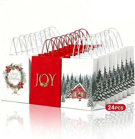 KAOTPO Christmas Gift Bags with Handles - 24 Large Bulk Kraft Gift Bag for Xmas Presents Holiday Party Favors and Decor Supplies - 3 Designs(13"x10.4"x5.7") in Saudi Arabia