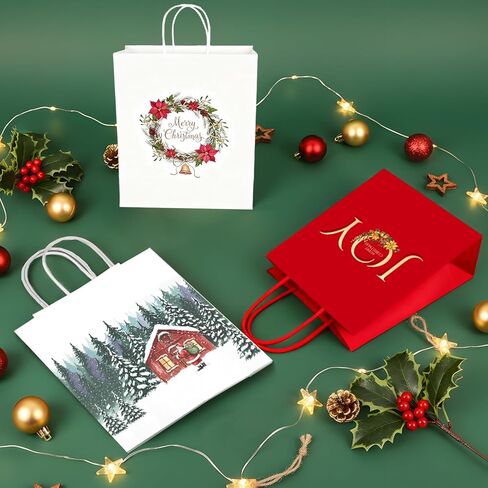 KAOTPO Christmas Gift Bags with Handles - 24 Large Bulk Kraft Gift Bag for Xmas Presents Holiday Party Favors and Decor Supplies - 3 Designs(13"x10.4"x5.7") in Saudi Arabia