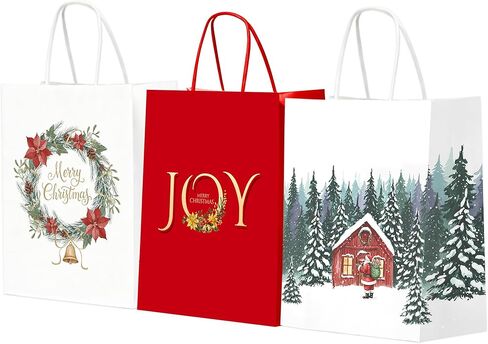 KAOTPO Christmas Gift Bags with Handles - 24 Large Bulk Kraft Gift Bag for Xmas Presents Holiday Party Favors and Decor Supplies - 3 Designs(13"x10.4"x5.7") in Saudi Arabia
