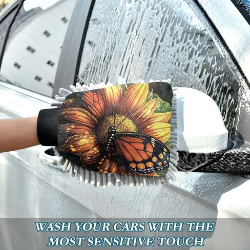 AIXIWAWA Sunflower Butterfly Print Car Wash Mitt Washing Glove Scratch Free Water Absorbent 2 Pack Large in Saudi Arabia