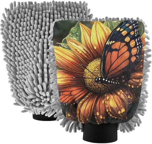 AIXIWAWA Sunflower Butterfly Print Car Wash Mitt Washing Glove Scratch Free Water Absorbent 2 Pack Large in Saudi Arabia