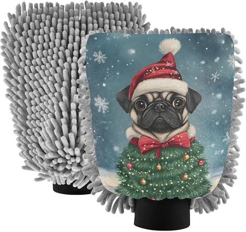 AIXIWAWA Car Wash Mitt Washing Glove Christmas Pug Print Scratch Free Water Absorbent 2 Pack Medium in Saudi Arabia