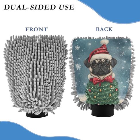 AIXIWAWA Car Wash Mitt Washing Glove Christmas Pug Print Scratch Free Water Absorbent 2 Pack Medium in Saudi Arabia
