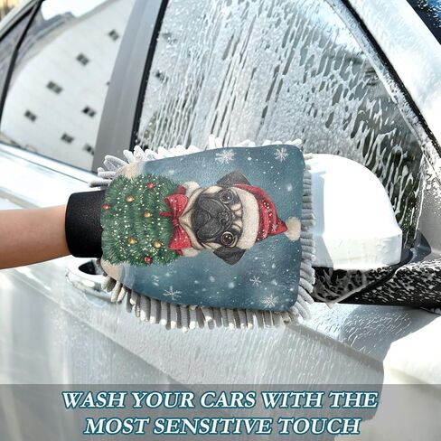 AIXIWAWA Car Wash Mitt Washing Glove Christmas Pug Print Scratch Free Water Absorbent 2 Pack Medium in Saudi Arabia