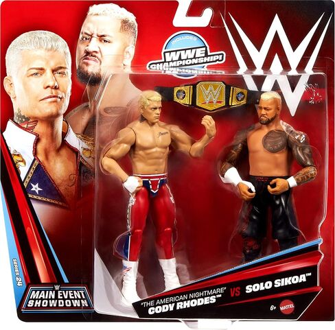 Mattel WWE Main Event Showdown Action Figures 2-pack مع الملحقات، السلسلة #24 Cody Rhodes vs Solo Sikoa مجموعة قابلة للتجميع، 6 بوصة in Kuwait