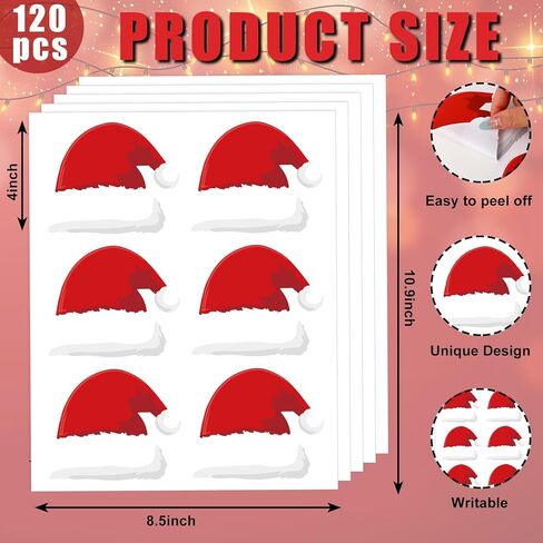 120Pcs Christmas Paper Gift Tag Sticker Santa Hat Present Decal Red White Label Sticker for Xmas Winter Envelope DIY Supplies, 4 in in Saudi Arabia