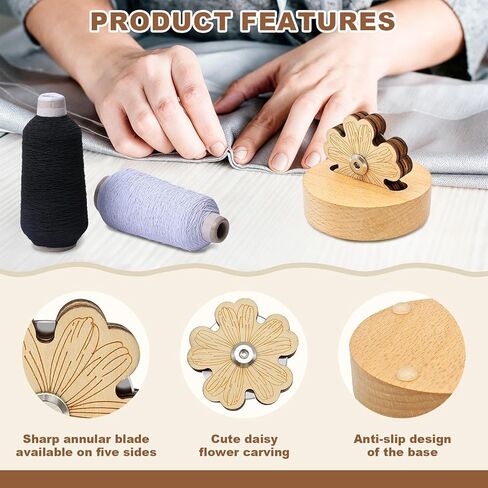 Daisy Thread Cutter with Wooden Base - 5-Position Rotary Blade Tool for Sewing, Quilting & Chain Piecing - Stable Anti-Slip Yarn Cutter for Craft Gifts in Saudi Arabia
