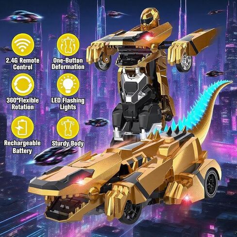Dinosaur Transform Rc Car 2.4Ghz Remote Control Car Transforming Robot with Light, 360° Rotation One Button Deformation Car Toy Gifts for Boy Girl Age 4-7 8-12 in Saudi Arabia