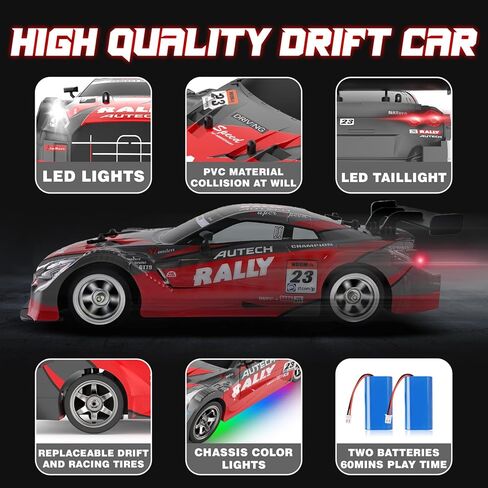 سيارة RC Drift Car 1:16، 2.4 جيجا هرتز 4WD 30+KM/H سيارة تحكم عن بعد عالية السرعة مع أضواء LED بطاريتان وإطارات انجراف، سيارات RC الانجراف للبالغين والأولاد والأطفال، أحمر in Kuwait