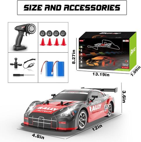 سيارة RC Drift Car 1:16، 2.4 جيجا هرتز 4WD 30+KM/H سيارة تحكم عن بعد عالية السرعة مع أضواء LED بطاريتان وإطارات انجراف، سيارات RC الانجراف للبالغين والأولاد والأطفال، أحمر in Kuwait