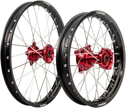 TUSK Impact Complete Front and Rear Wheel 1.40 x 19/1.85 x 16 Black Rim/Silver Spoke/Red Hub for Honda CRF150R 2007-2009,2012-2025 in Saudi Arabia
