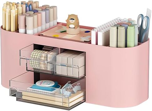 Desk Organizer with 7 Compartments and 3 Drawers, Plastic Makeup Organizer, Multi-Functional Stationery Holder, Desk Storage for Office Supplies, Home, Workspace, Pink in Saudi Arabia