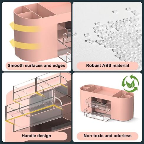 Desk Organizer with 7 Compartments and 3 Drawers, Plastic Makeup Organizer, Multi-Functional Stationery Holder, Desk Storage for Office Supplies, Home, Workspace, Pink in Saudi Arabia