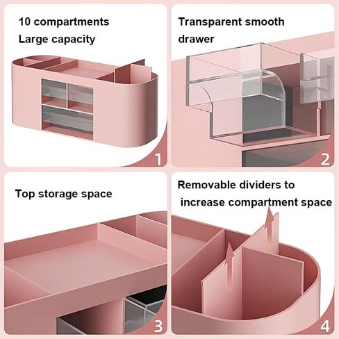 Desk Organizer with 7 Compartments and 3 Drawers, Plastic Makeup Organizer, Multi-Functional Stationery Holder, Desk Storage for Office Supplies, Home, Workspace, Pink in Saudi Arabia