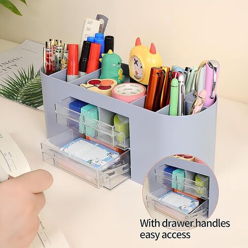 Desk Organizer with 7 Compartments and 3 Drawers, Plastic Makeup Organizer, Multi-Functional Stationery Holder, Desk Storage for Office Supplies, Home, Workspace, Pink in Saudi Arabia