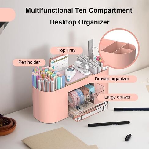 Desk Organizer with 7 Compartments and 3 Drawers, Plastic Makeup Organizer, Multi-Functional Stationery Holder, Desk Storage for Office Supplies, Home, Workspace, Pink in Saudi Arabia