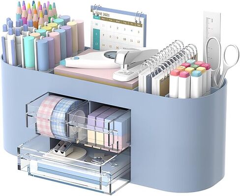 Desk Organizer with 7 Compartments and 3 Drawers, Plastic Makeup Organizer, Multi-Functional Stationery Holder, Desk Storage for Office Supplies, Home, Workspace, Pink in Saudi Arabia