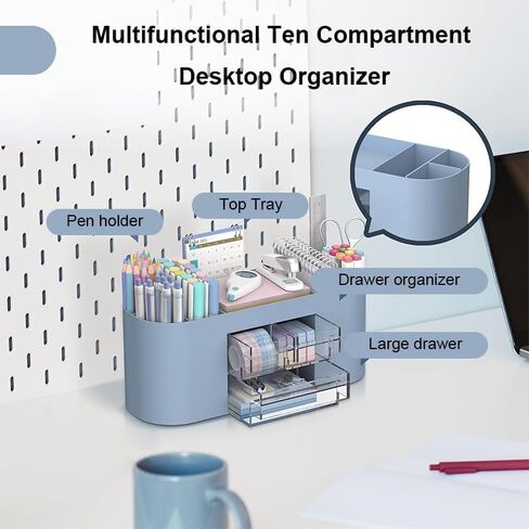 Desk Organizer with 7 Compartments and 3 Drawers, Plastic Makeup Organizer, Multi-Functional Stationery Holder, Desk Storage for Office Supplies, Home, Workspace, Pink in Saudi Arabia