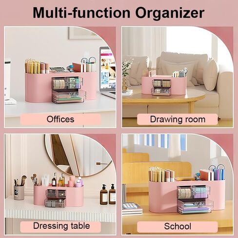 Desk Organizer with 7 Compartments and 3 Drawers, Plastic Makeup Organizer, Multi-Functional Stationery Holder, Desk Storage for Office Supplies, Home, Workspace, Pink in Saudi Arabia