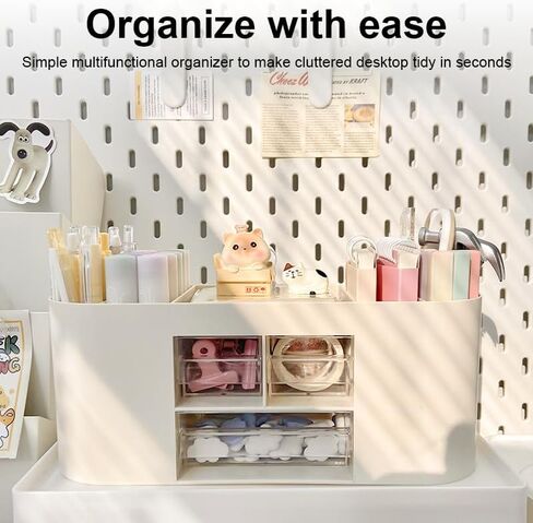 Desk Organizer with 7 Compartments and 3 Drawers, Plastic Makeup Organizer, Multi-Functional Stationery Holder, Desk Storage for Office Supplies, Home, Workspace, Pink in Saudi Arabia
