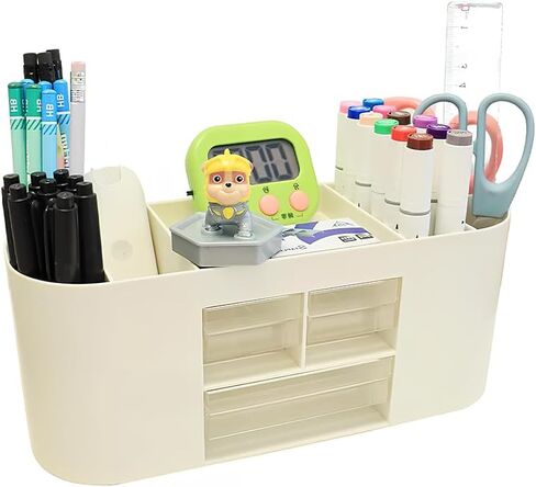 Desk Organizer with 7 Compartments and 3 Drawers, Plastic Makeup Organizer, Multi-Functional Stationery Holder, Desk Storage for Office Supplies, Home, Workspace, Pink in Saudi Arabia