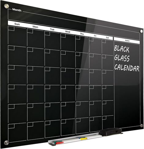 Real Glass Dry Erase Monthly Calendar, Giant Size 34" x 46", Bright White Tempered Glass Surface, Frameless Wall Mount, with 4 Assorted Color Markers and Eraser, by Better Office Products in Saudi Arabia