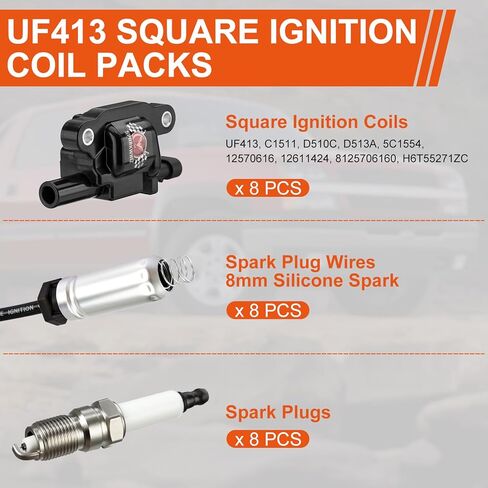 Round UF414 Ignition Coil Packs and Spark Plugs and Wires Set, Replacement for C1512 UF414 D514A, Compatible with Chevrolet GMC Pontiac Impala Corvette Tahoe Express Escalade Silverado 1500 2500 3500 in Saudi Arabia
