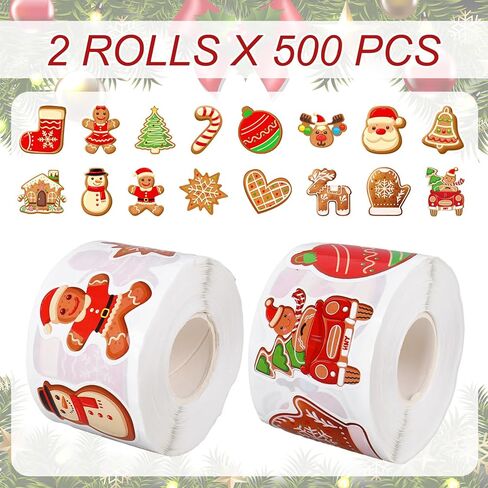 1000 Pcs Christmas Gingerbread Man Sticker Santa Xmas Tree Paper Decal Roll 1.5 Inch Snowman Self Adhesive Seal Stickers for Xmas Winter Holiday Envelopes Scrapbook Gifts, 2 Rolls in Saudi Arabia