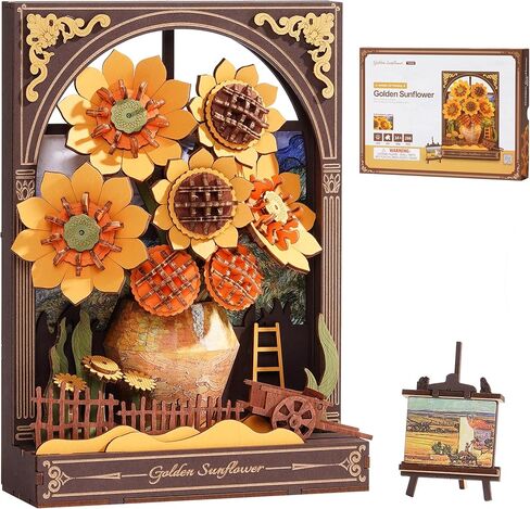 ROBOTIME Wooden Flower Golden Sunflower Building Sets for Adult with Lights TH002, Van Gogh Wall Art Crafts, Painting Frame Room Decor, Valentine's Day/Anniversary/Birthday Gifts for Women, 266PCS in Saudi Arabia