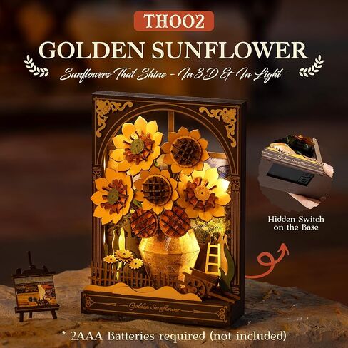 ROBOTIME Wooden Flower Golden Sunflower Building Sets for Adult with Lights TH002, Van Gogh Wall Art Crafts, Painting Frame Room Decor, Valentine's Day/Anniversary/Birthday Gifts for Women, 266PCS in Saudi Arabia