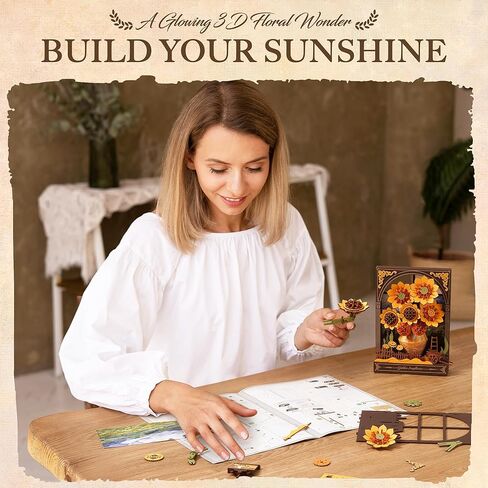 ROBOTIME Wooden Flower Golden Sunflower Building Sets for Adult with Lights TH002, Van Gogh Wall Art Crafts, Painting Frame Room Decor, Valentine's Day/Anniversary/Birthday Gifts for Women, 266PCS in Saudi Arabia