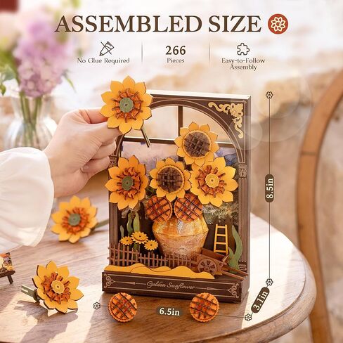 ROBOTIME Wooden Flower Golden Sunflower Building Sets for Adult with Lights TH002, Van Gogh Wall Art Crafts, Painting Frame Room Decor, Valentine's Day/Anniversary/Birthday Gifts for Women, 266PCS in Saudi Arabia