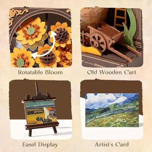 ROBOTIME Wooden Flower Golden Sunflower Building Sets for Adult with Lights TH002, Van Gogh Wall Art Crafts, Painting Frame Room Decor, Valentine's Day/Anniversary/Birthday Gifts for Women, 266PCS in Saudi Arabia