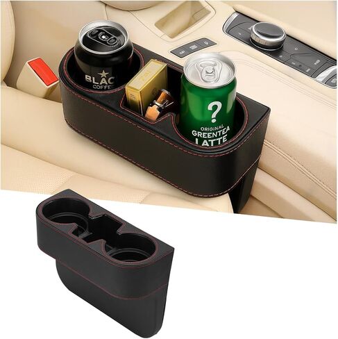 Car Seat Gap Filler Organizer with Cup Holder, Leather Multifunctional Vehicle Front Seat Crevice Storage Box Bag, Automotive Console Side Bucket Pocket, Universal Fit (Black) in Saudi Arabia