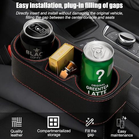 Car Seat Gap Filler Organizer with Cup Holder, Leather Multifunctional Vehicle Front Seat Crevice Storage Box Bag, Automotive Console Side Bucket Pocket, Universal Fit (Black) in Saudi Arabia