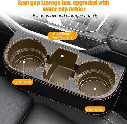 Car Seat Gap Filler Organizer with Cup Holder, Leather Multifunctional Vehicle Front Seat Crevice Storage Box Bag, Automotive Console Side Bucket Pocket, Universal Fit (Black) in Saudi Arabia