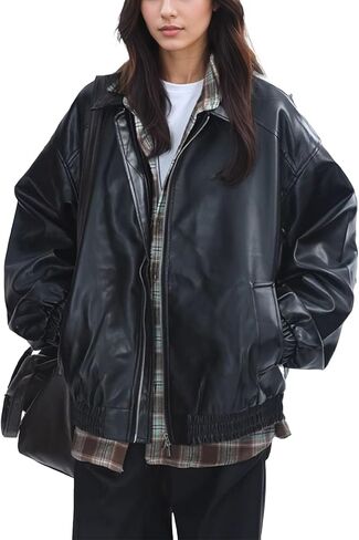 Women's Autumn Fashion Retro PU Leather Jacket Top Fashion Motorcycle Top Leather Jacket in Saudi Arabia