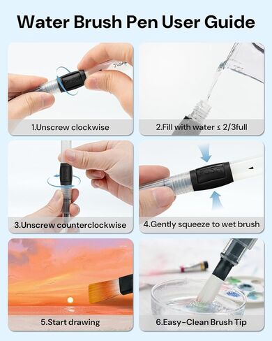 Water Brush Pens 6-Pack Leak-Proof Refillable Watercolor Pens for Acrylic and Gouache Painting - Includes Pointed & Flat Tip Styles - Portable Water Brushes for Artists, Beginners, in Saudi Arabia